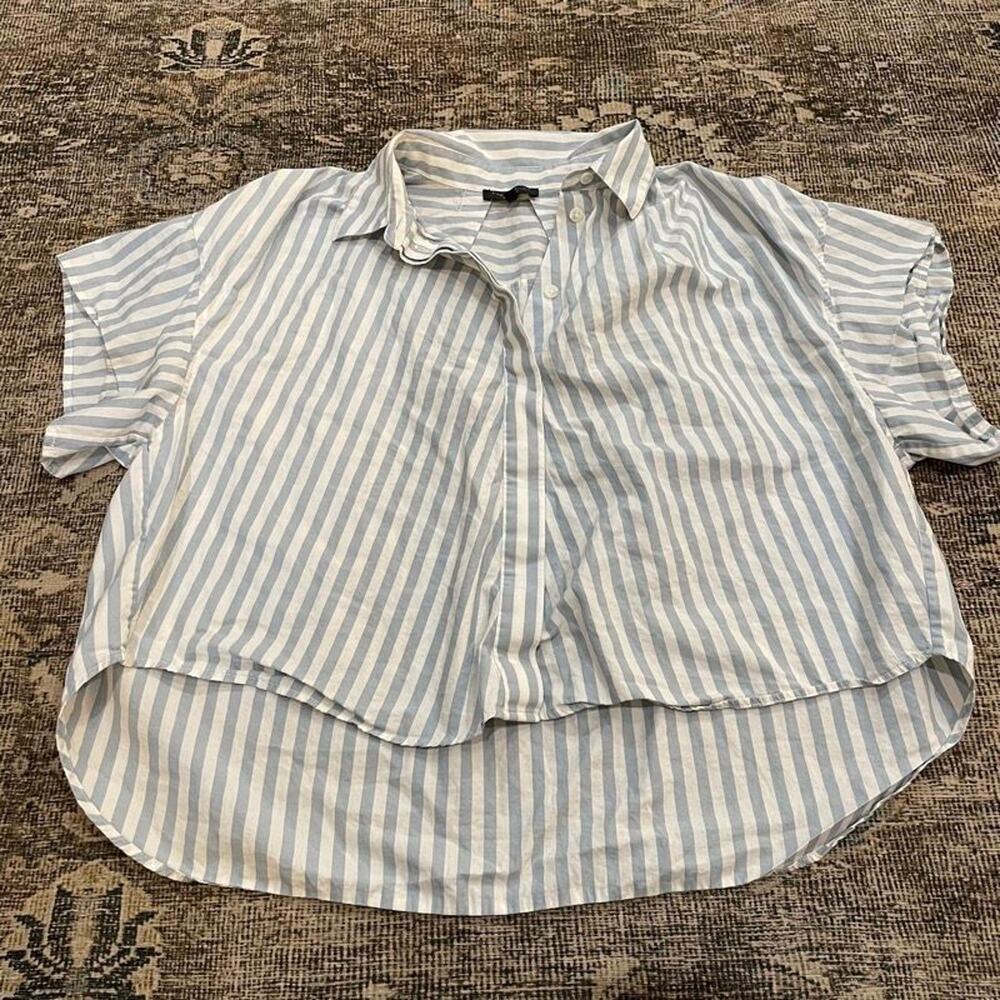 rag & bone New York Blue White Striped Short Sleeve Cropped Button Shirt M